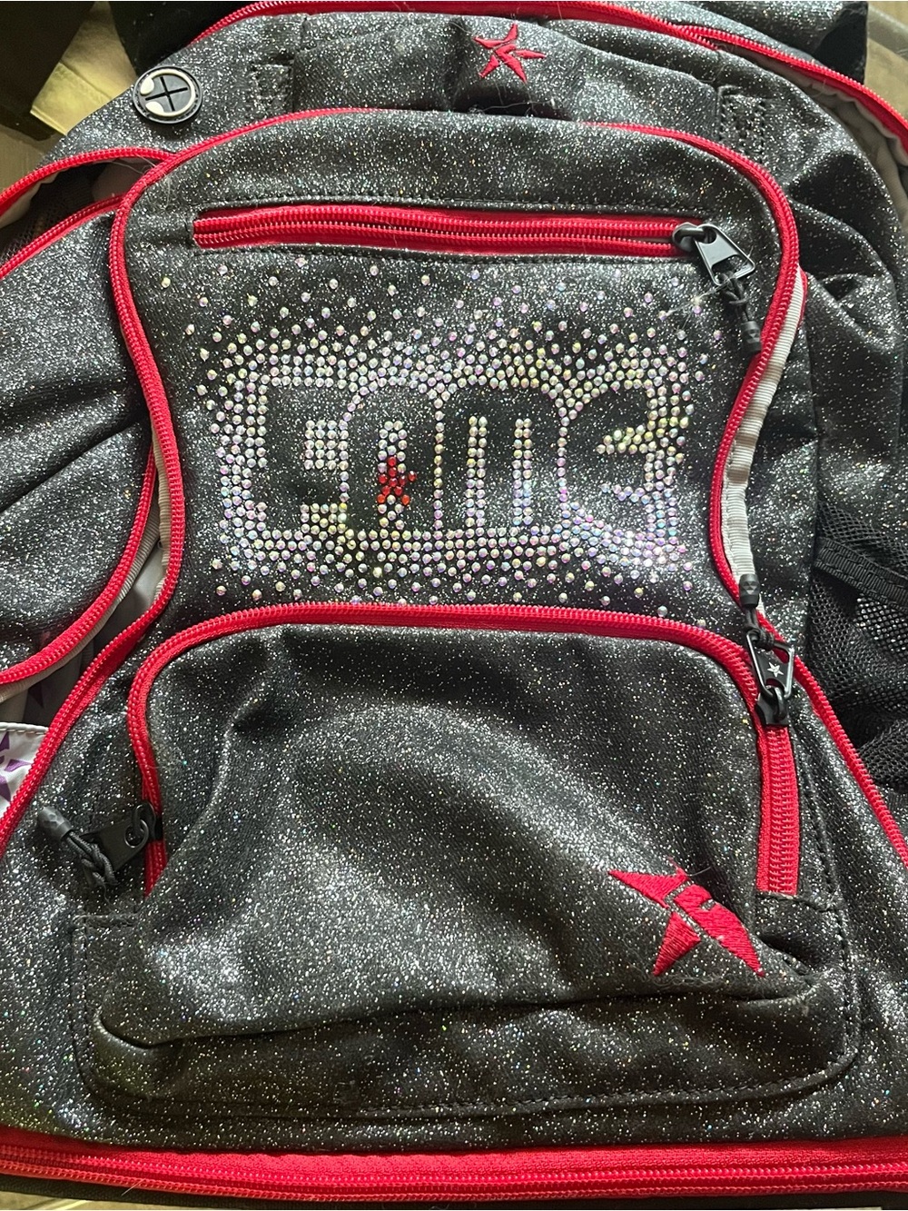 Glitter Black Kids Backpack with Red Trim and Rhinestone Accent